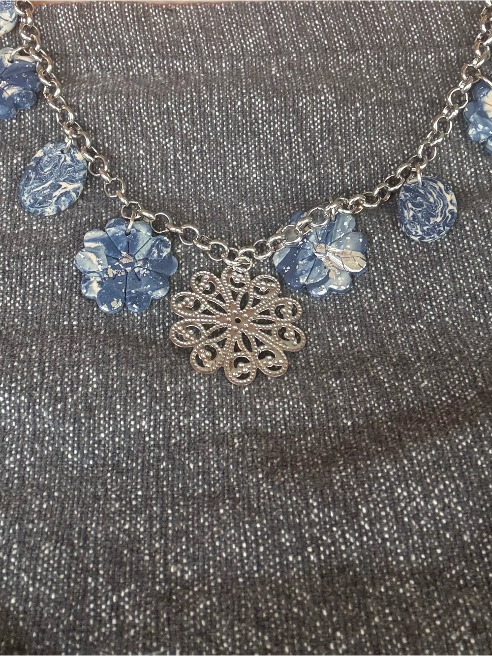 Necklace Handmade Silver Royal Blue Floral Polymer Clay